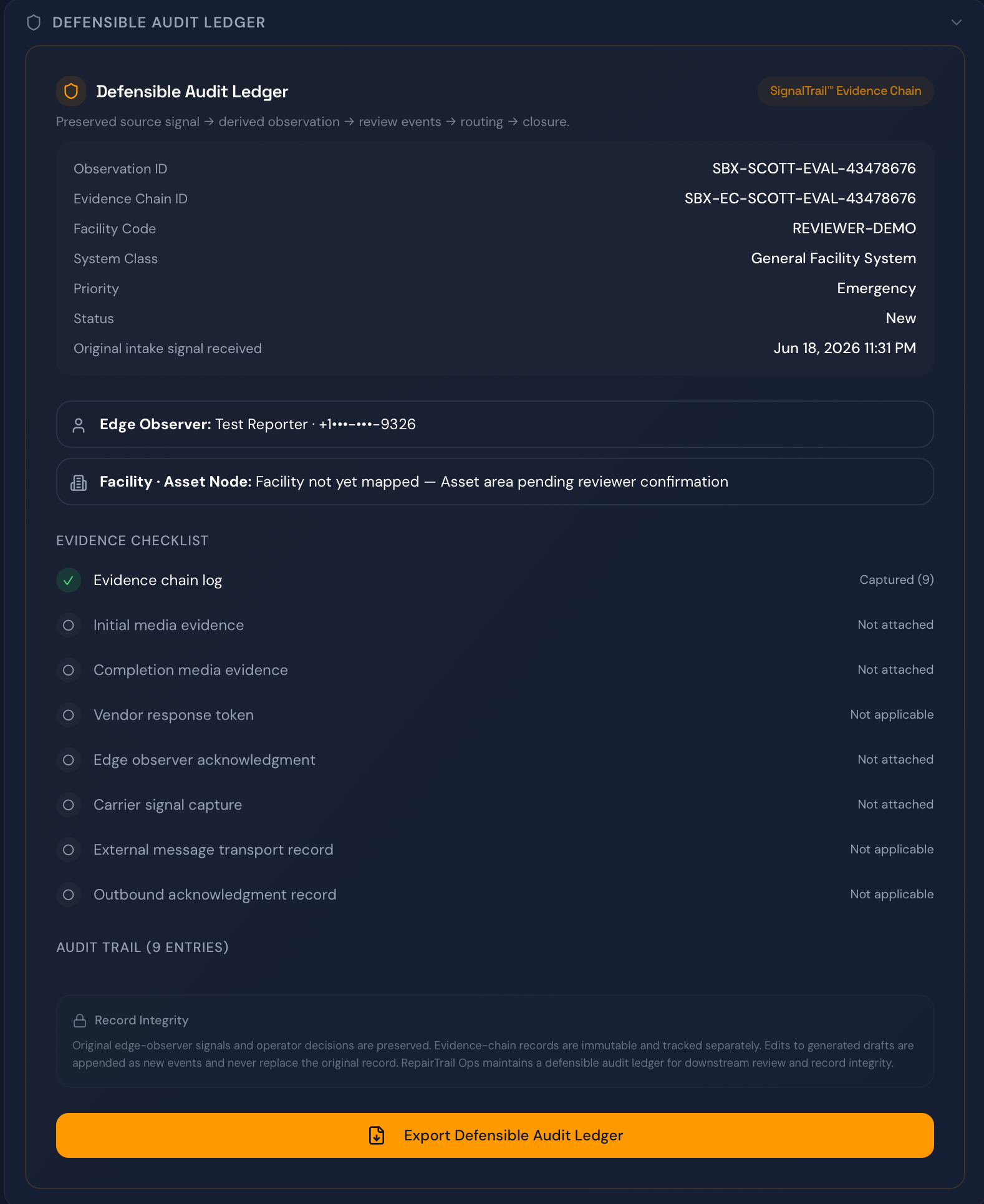 Defensible Audit Ledger export view